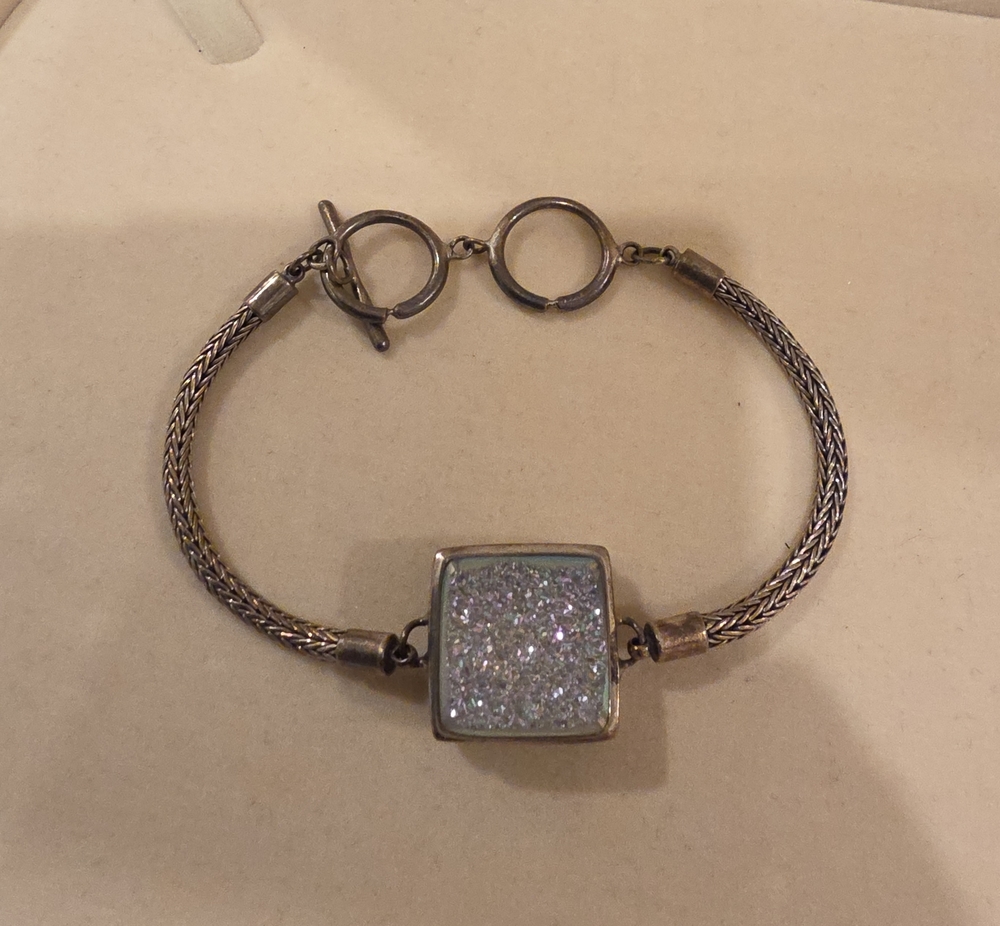 Sterling Silver Tone Druzy Square Bracelet in Sparkling White